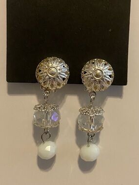 Silver-Tone Filigree Drop Earrings with Clear Crystal and White Bead